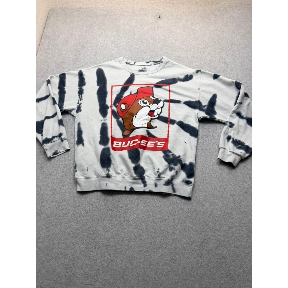 Buc-ee's Mens Tie Dye Sweatshirt Black White Graphic Beaver Crew Neck XL